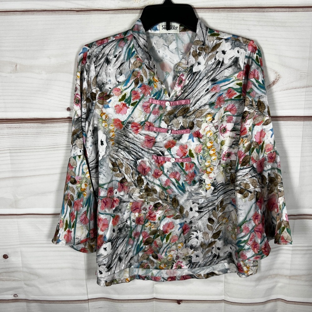 Signals Floral Mandarin Collar Blouse Womens Medium Multicolor Bell Sleeve Satin